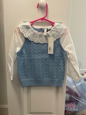 Janie and Jack Blue Cable Knit Vest with White Eyelet Collar Top